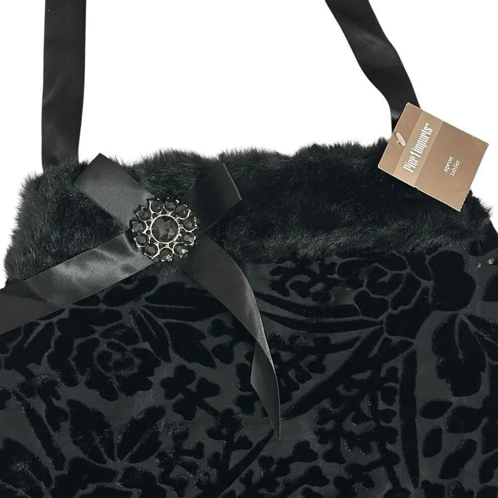 Pier 1 Imports Black Burnout Velvet Faux Fur Hostess Apron Holidays Goth NWT